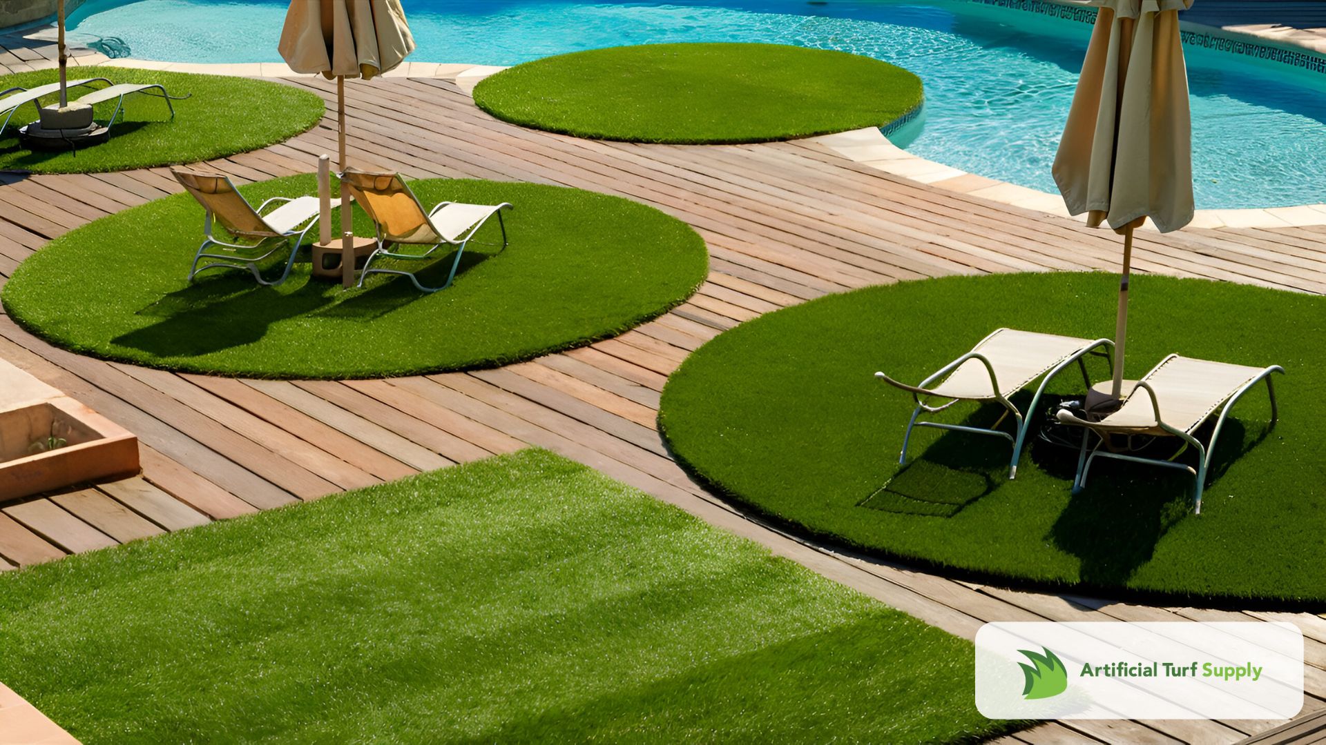 a luxury pool area with grass rugs creating lounging areas around the pool