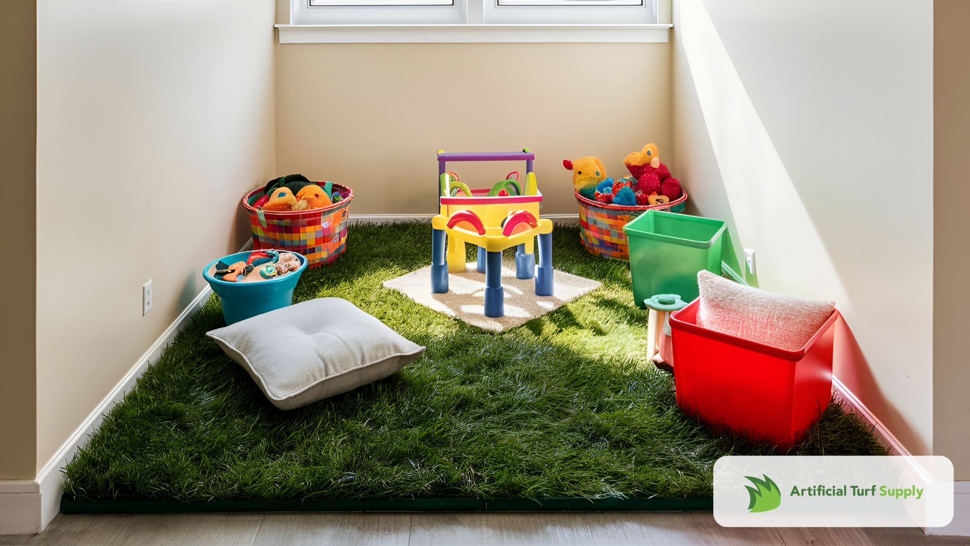 a corner of a living room transformed into a children's play area using grass rug to define the space