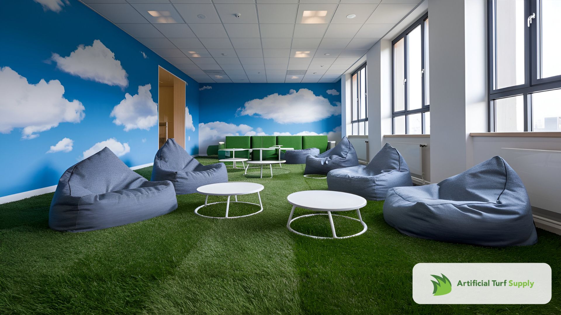 A modern office breakout room designed to look like an outdoor space