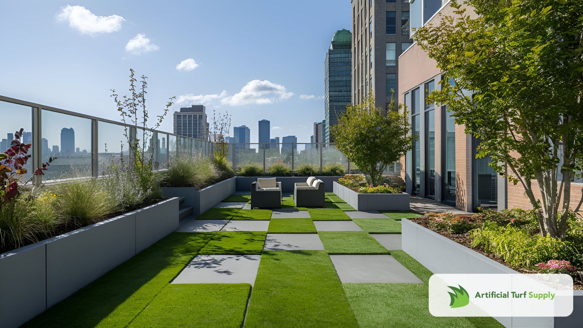An urban rooftop transformed into a garden retreat using sections of artificial grass rugs
