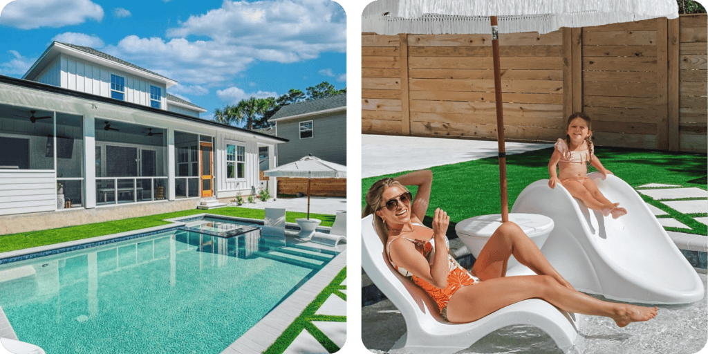 beautiful pool deck with an artificial turf surround